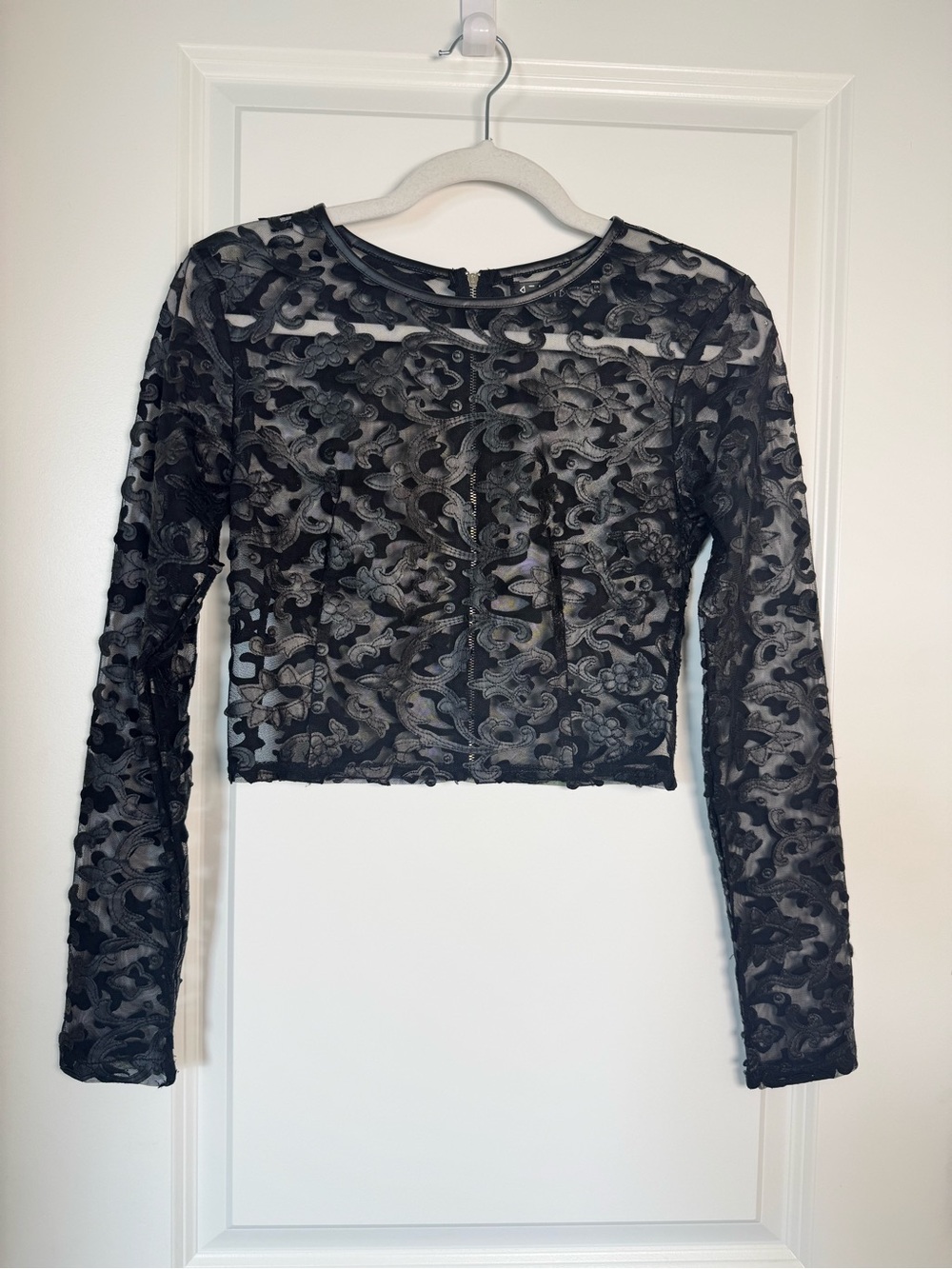 Sheer Black Floral Long-Sleeve Crop Top